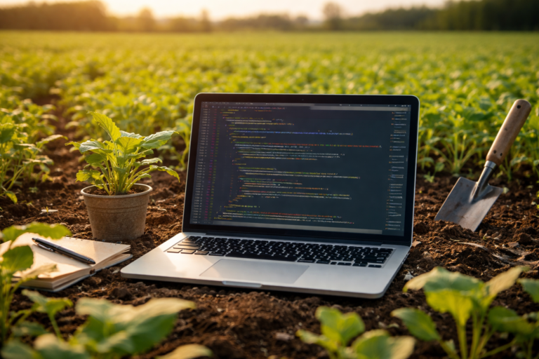Chris Habich web developer laptop sitting in a field